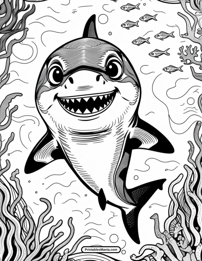 baby shark coloring page pdf with coral reef and starfish details