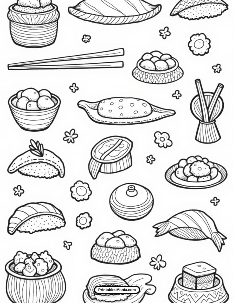 black-and-white sushi illustration with soy sauce and chopsticks