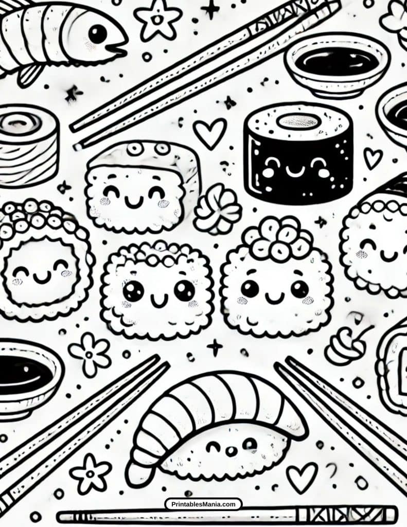 sushi coloring sheet with cute smiling faces on maki rolls