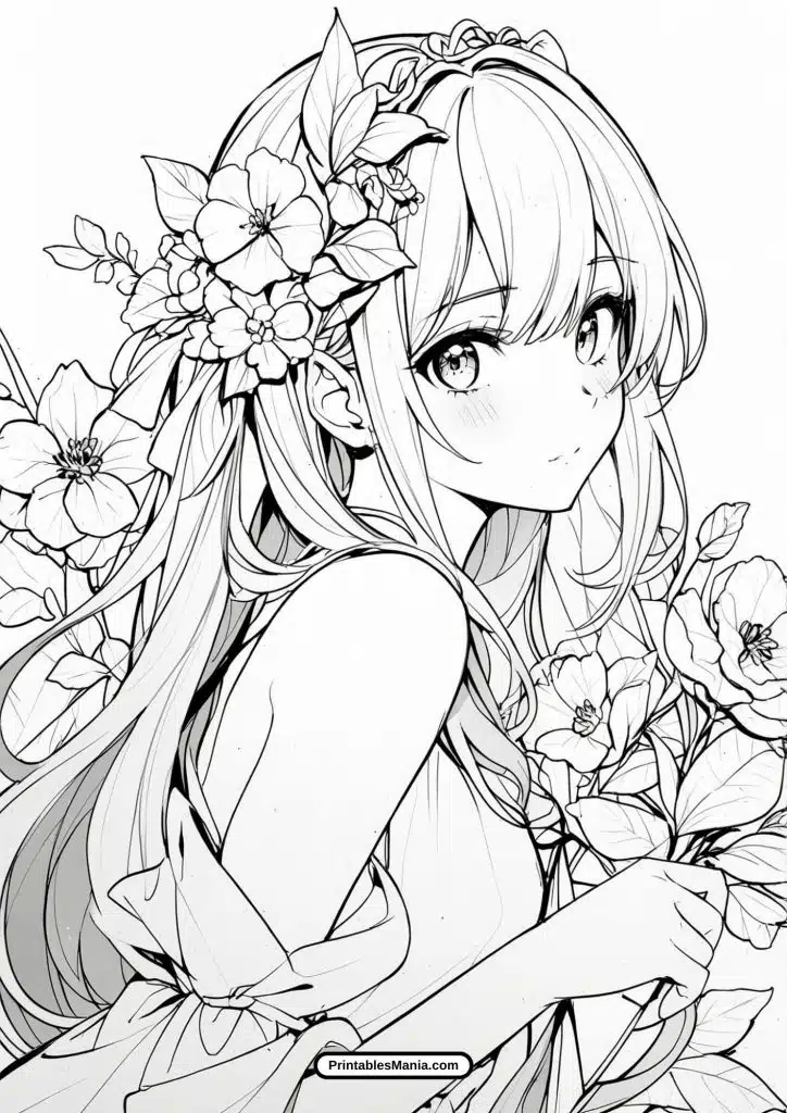 anime girl with flowing hair coloring page