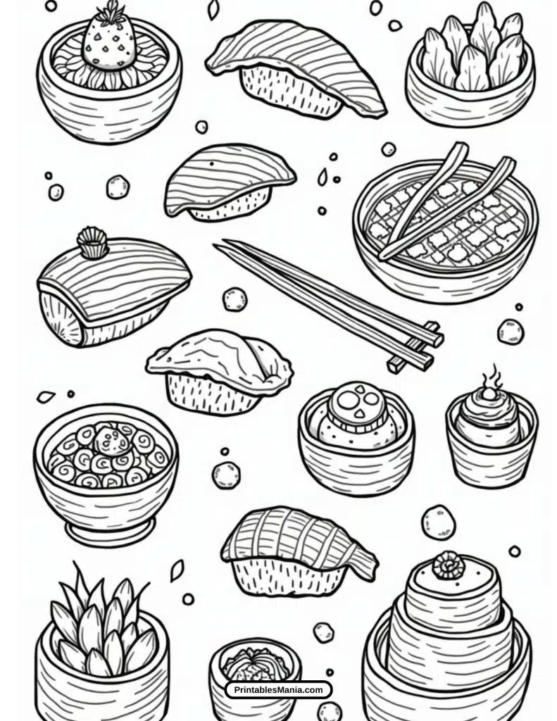 sushi coloring page with maki, sashimi, and decorative details