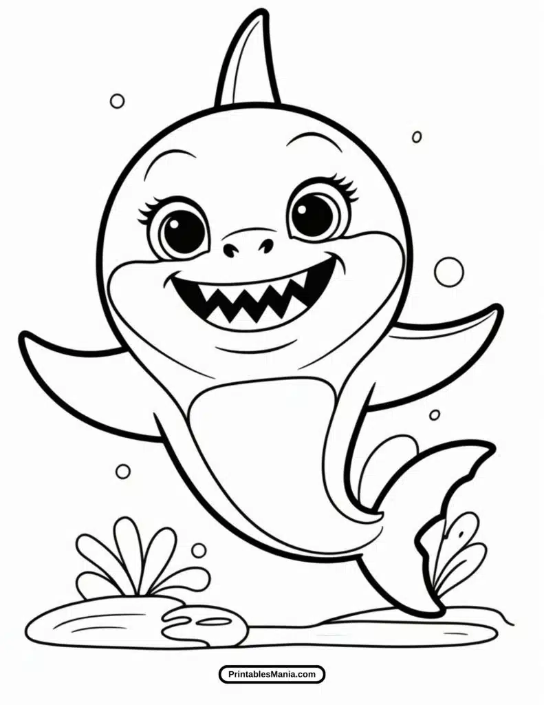 printable baby shark coloring sheet with bubbles and seaweed