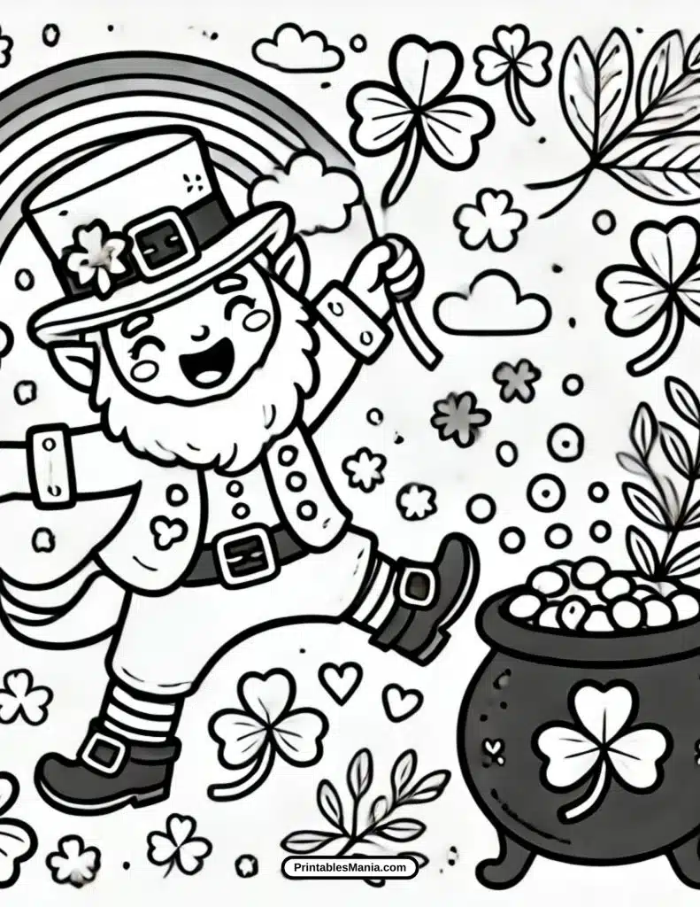 cute leprechaun coloring page with festive shamrocks and coins