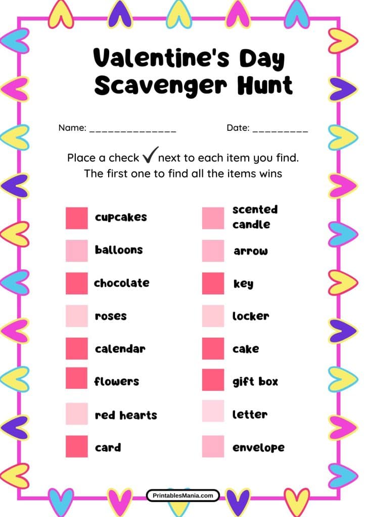 printable Valentine's scavenger hunt game