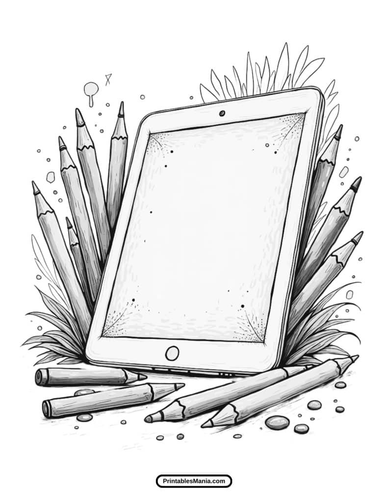 iPad coloring page with bold outlines for kids to color