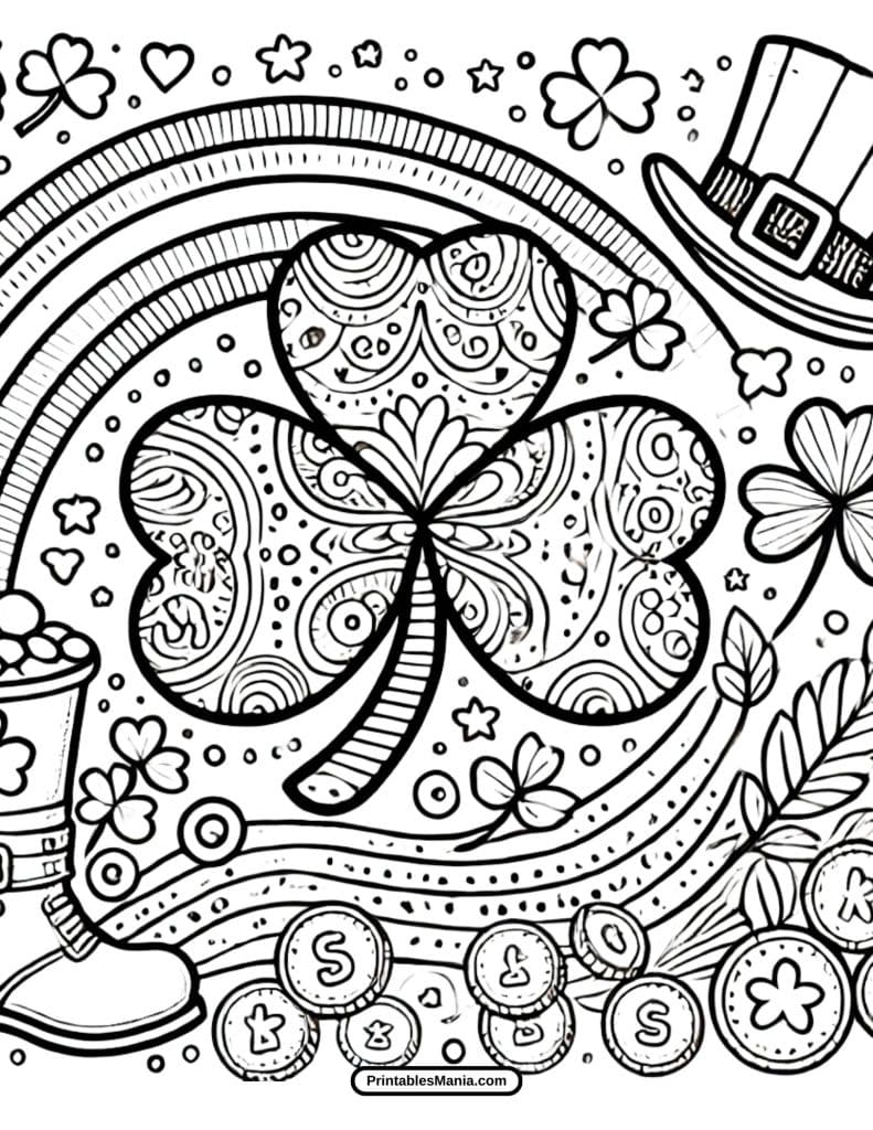 printable St. Patrick's Day coloring sheet with a cheerful rainbow and lucky horseshoe