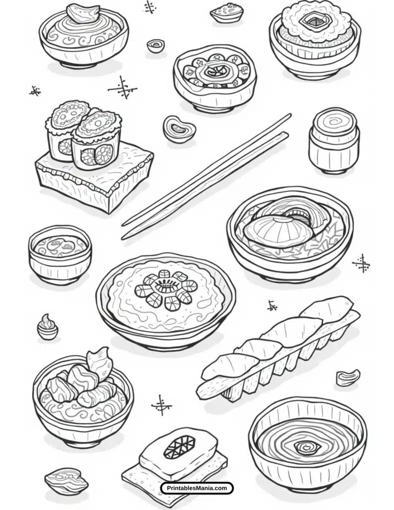 cute sushi coloring page with smiling maki rolls and hearts