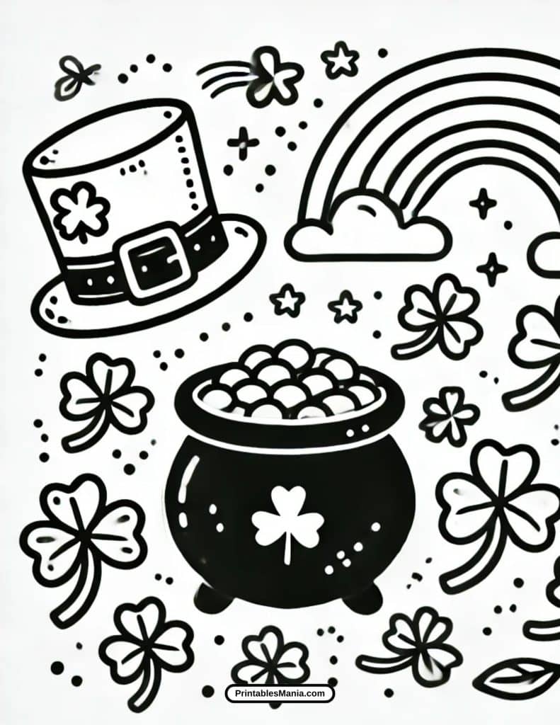 free St. Patrick's Day coloring page featuring a pot of gold under a rainbow