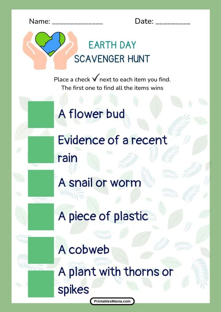 simple Earth Day scavenger hunt sheet for families