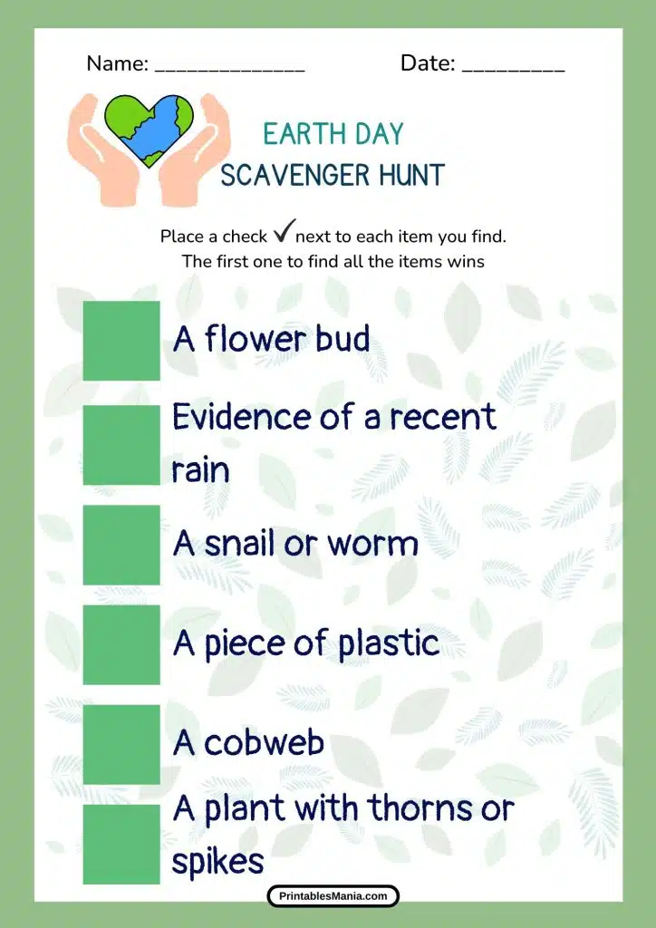 simple Earth Day scavenger hunt sheet for families