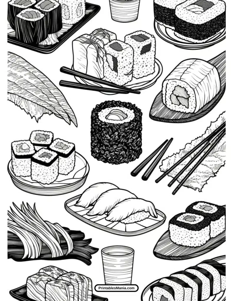 hand-drawn sushi illustration perfect for coloring activities