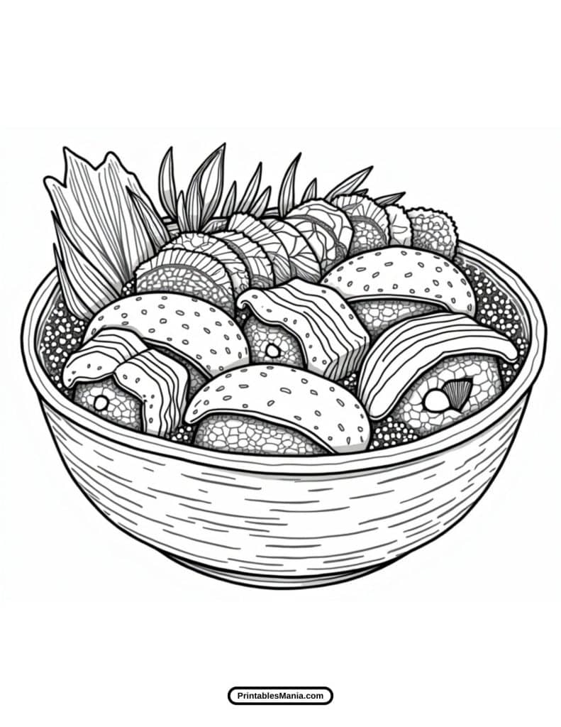 sushi-themed coloring page with various types of rolls and toppings