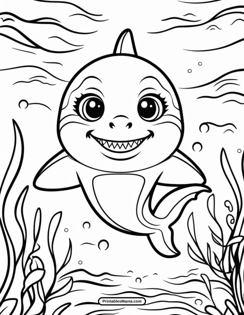 cute baby shark printable coloring page with underwater details