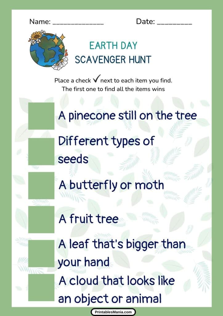 printable Earth Day activity sheet for outdoor fun