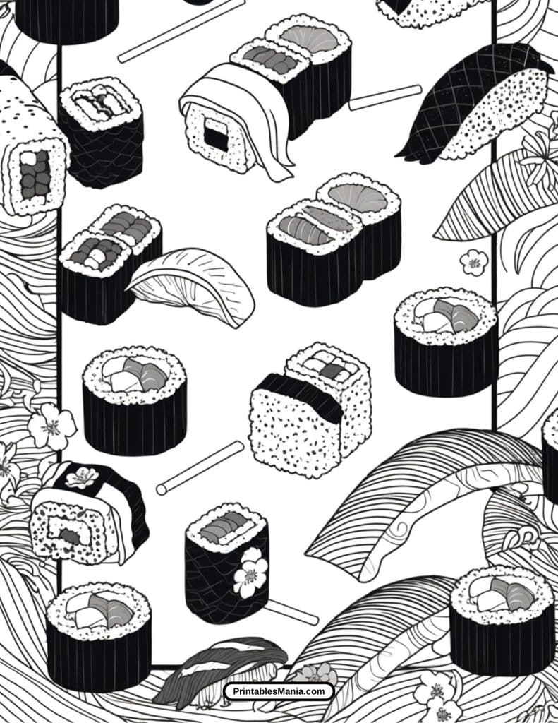 black-and-white sushi art for kids to color and enjoy