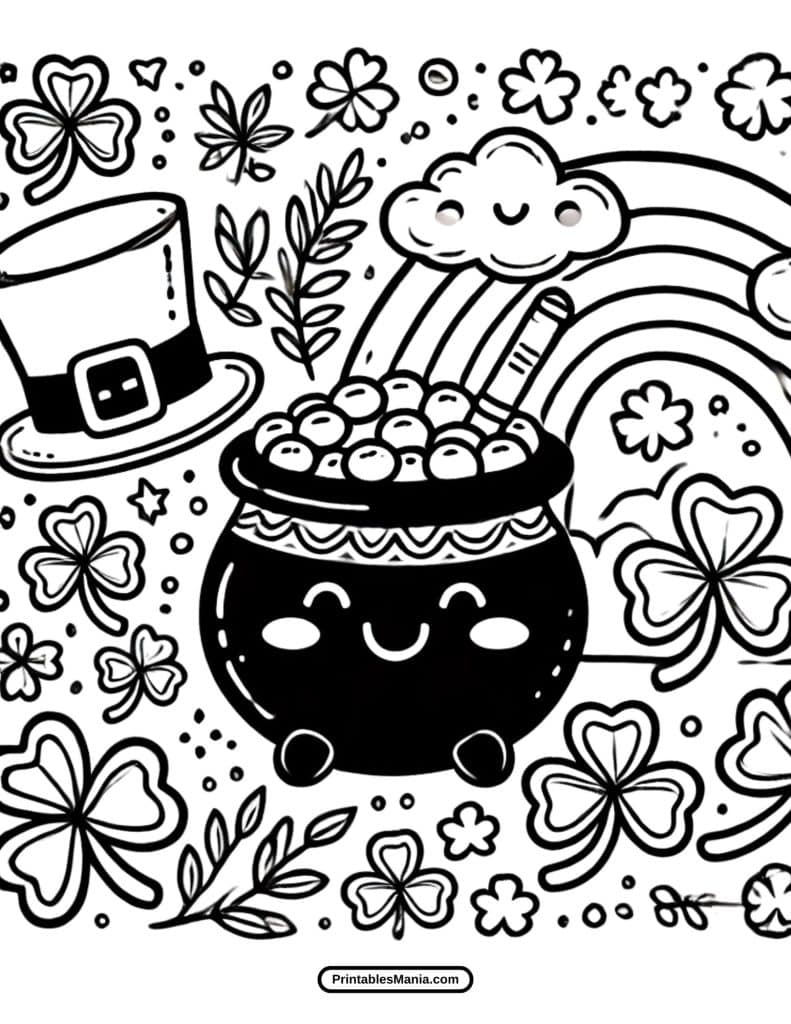 festive St. Patrick's Day coloring page with coins, rainbows, and clovers