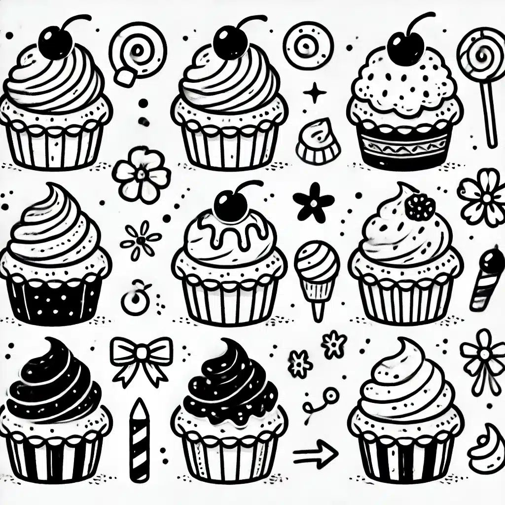 black-and-white cupcake drawing idea with organic details