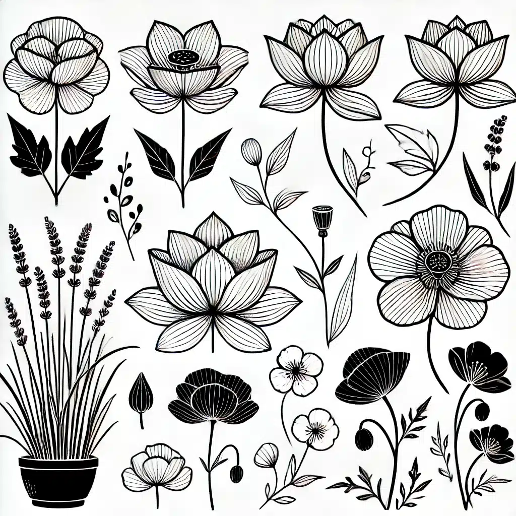 easy black-and-white sketch of a flower with petals and a stem