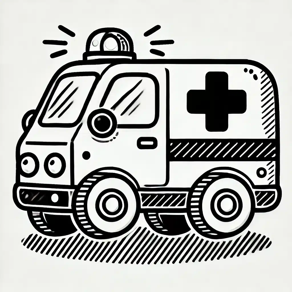 easy ambulance sketch featuring wheels, a cross, and a light on top