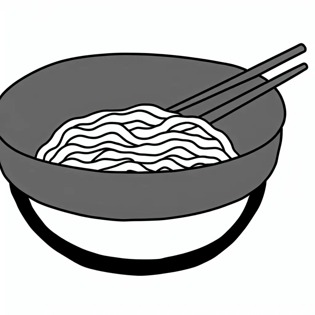 Minimalistic line drawing of a bowl of noodles with chopsticks and steam rising.