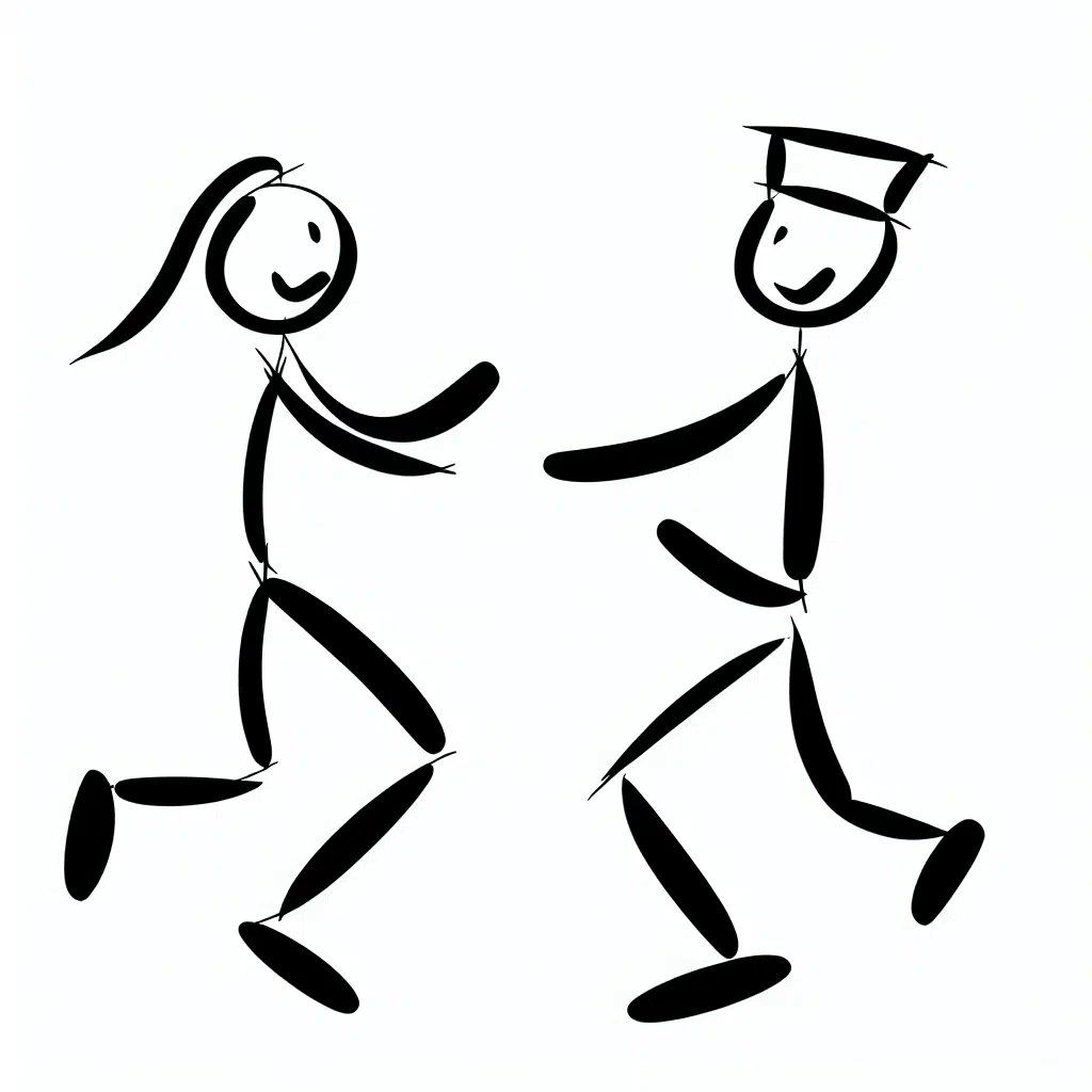 Minimalistic drawing of two stick figures dancing with playful poses.