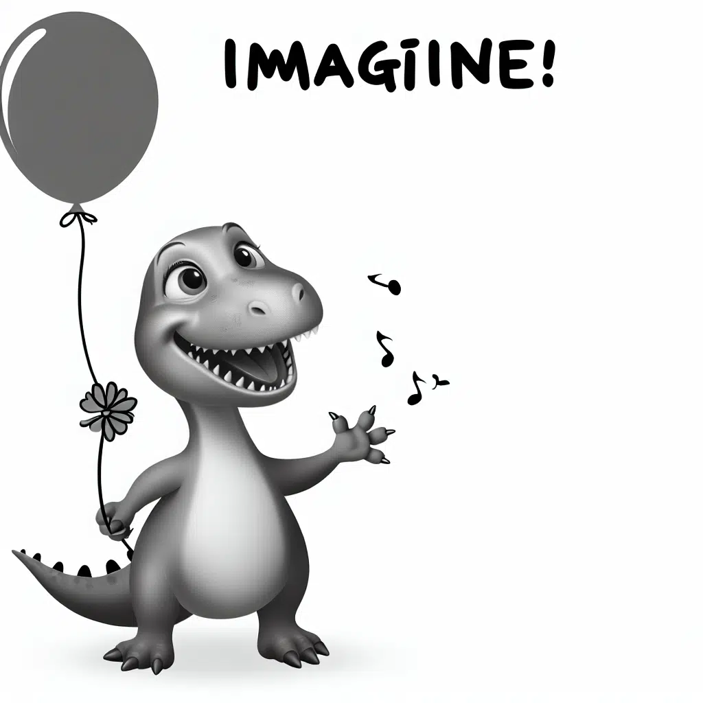 Cartoon drawing of a dinosaur holding a balloon in one tiny hand.