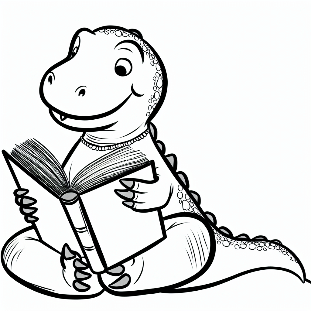 Cartoon drawing of a dinosaur reading a book and smiling.