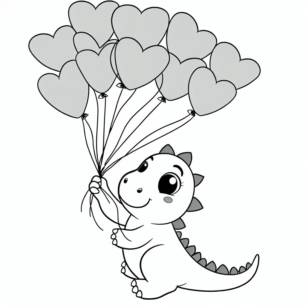 Cartoon drawing of a dinosaur holding heart-shaped balloons with joy.