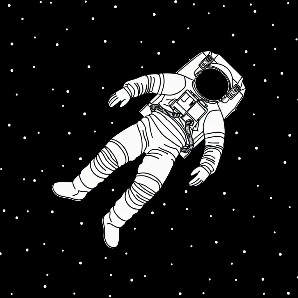 Simple line art of an astronaut floating in space with a basic spacesuit.