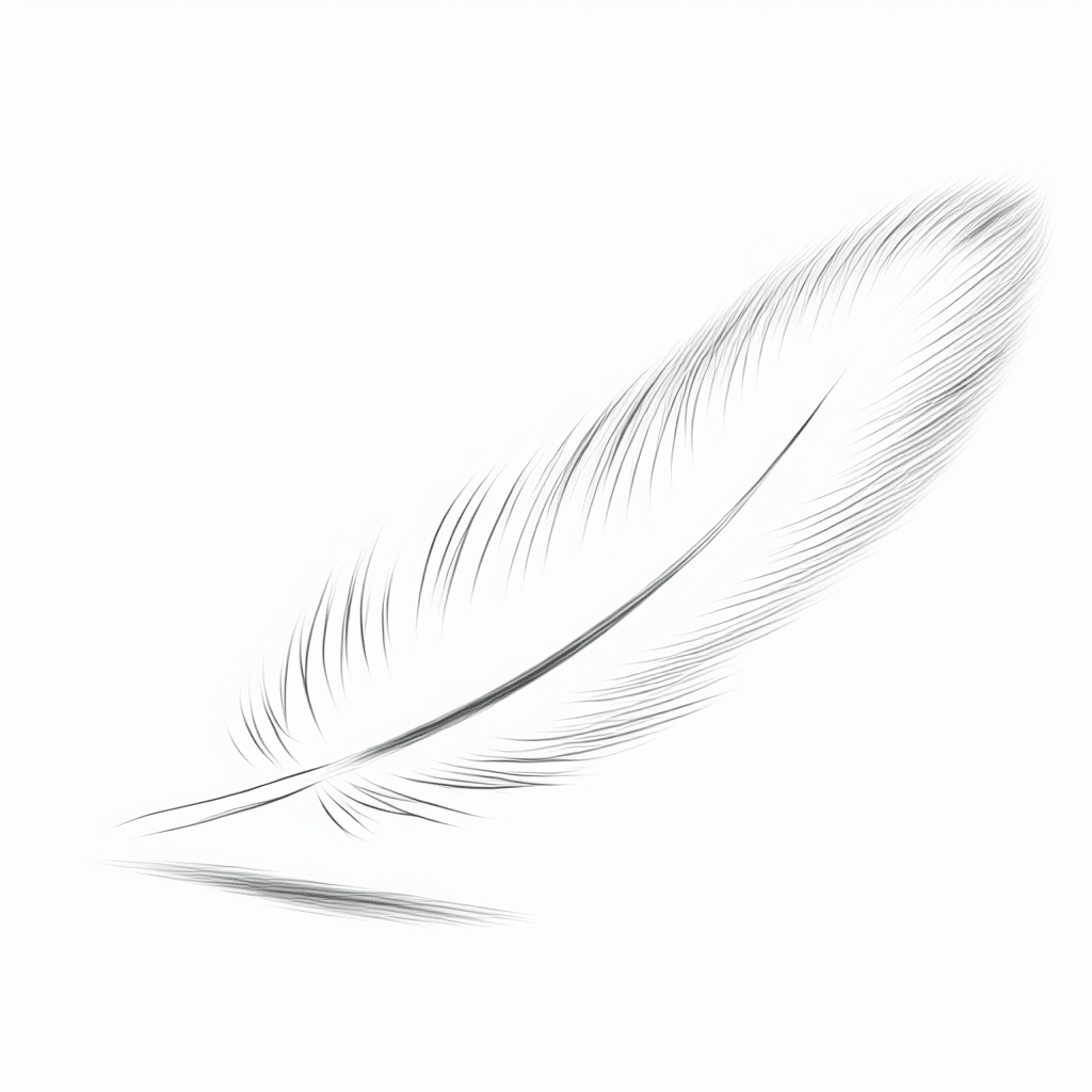 Line drawing of a single floating feather with clean details.