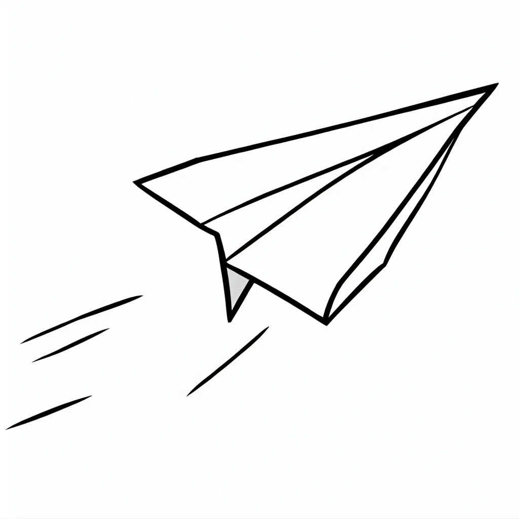 Cartoon-style drawing of a paper airplane with motion lines to indicate flight.