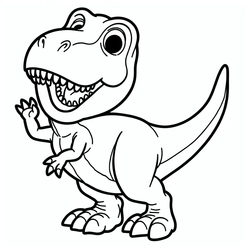 Cartoon drawing of a cheerful T-Rex waving hello.