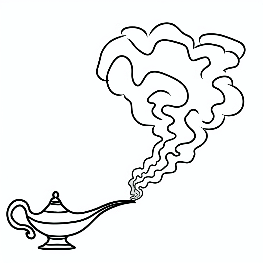 Simple line art of a genie lamp with swirling smoke above it.