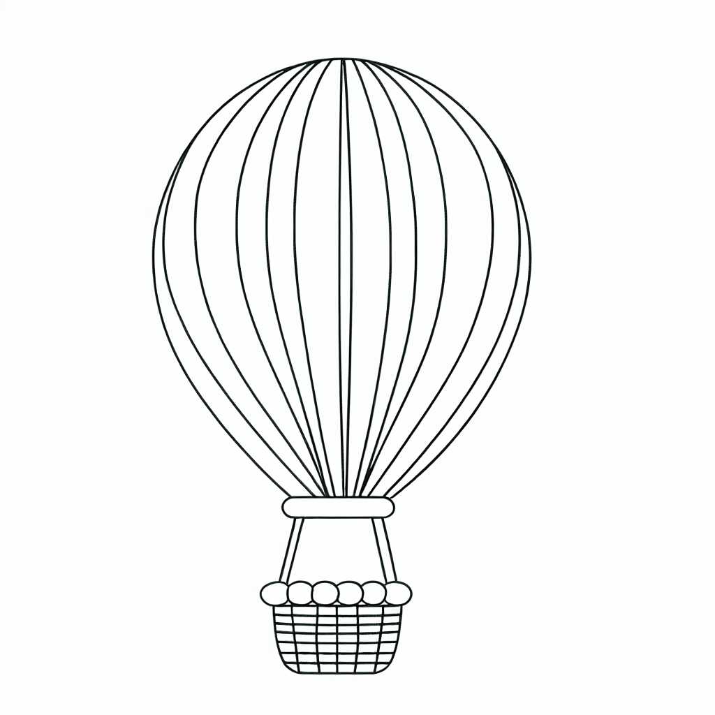 Line art of a hot air balloon with a striped pattern and basket.