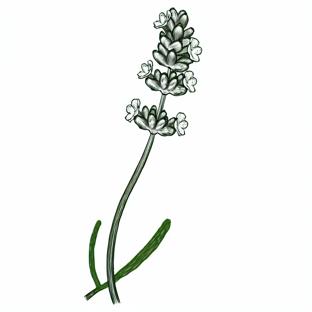 Drawing of a lavender stalk with clustered flowers on a thin stem.