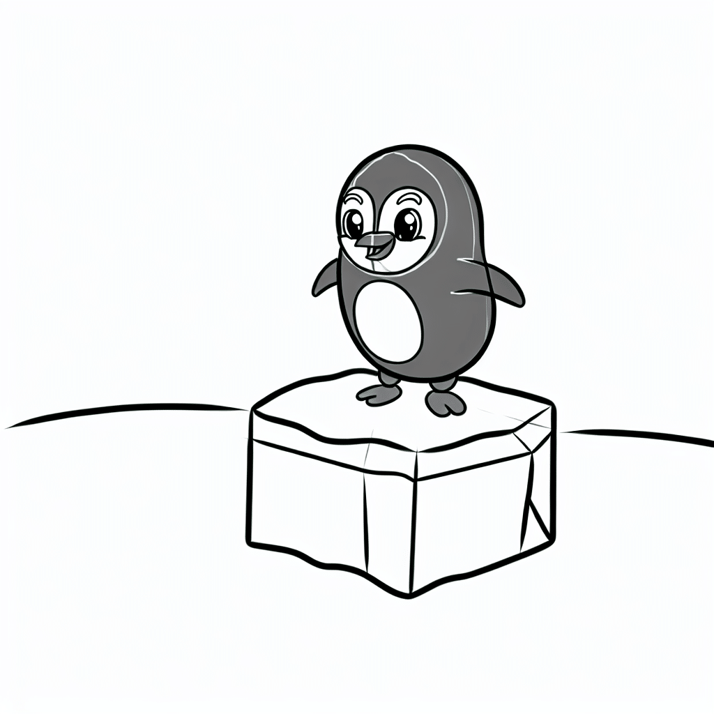 Cartoon-style drawing of a penguin on a block of ice.