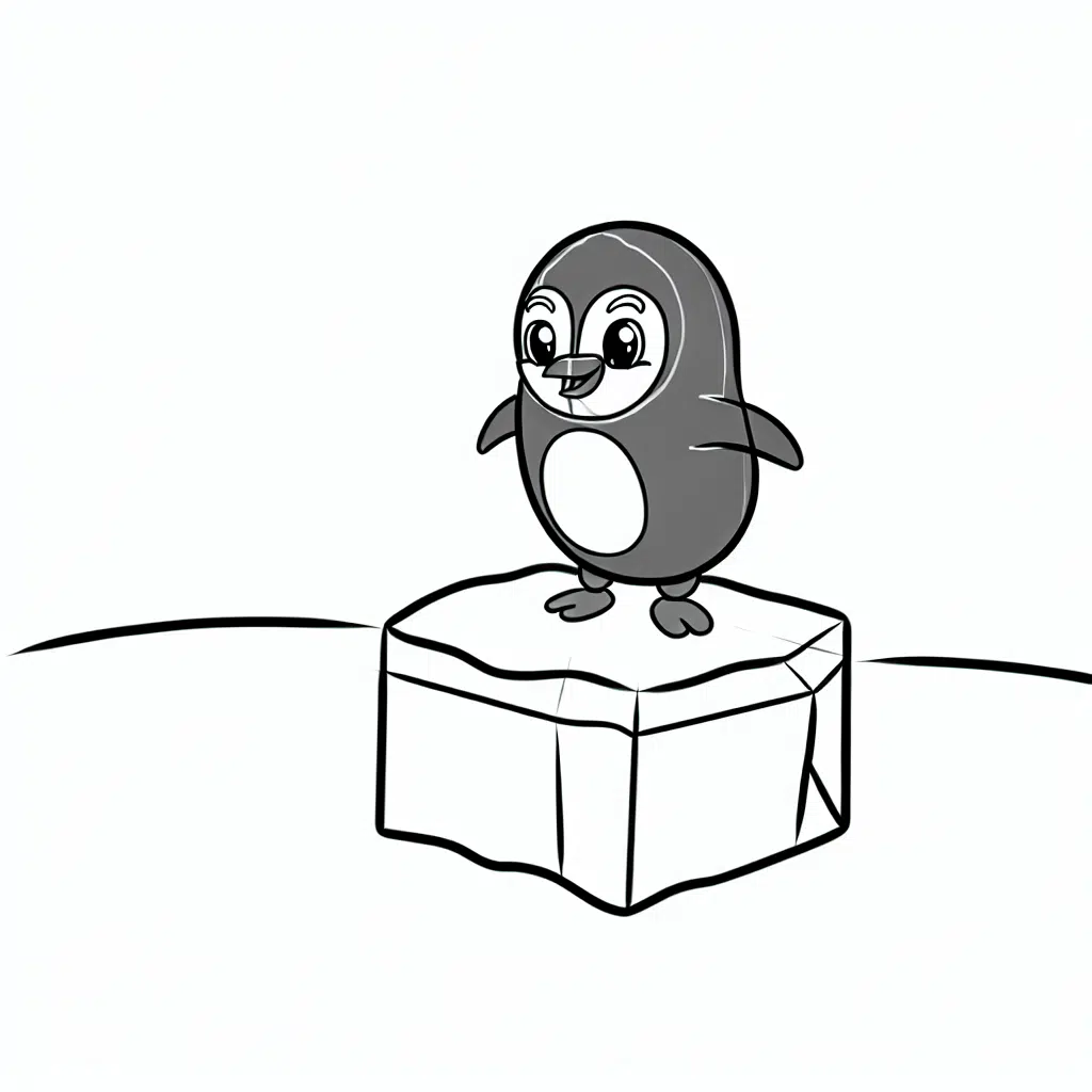 Cartoon-style drawing of a penguin on a block of ice.