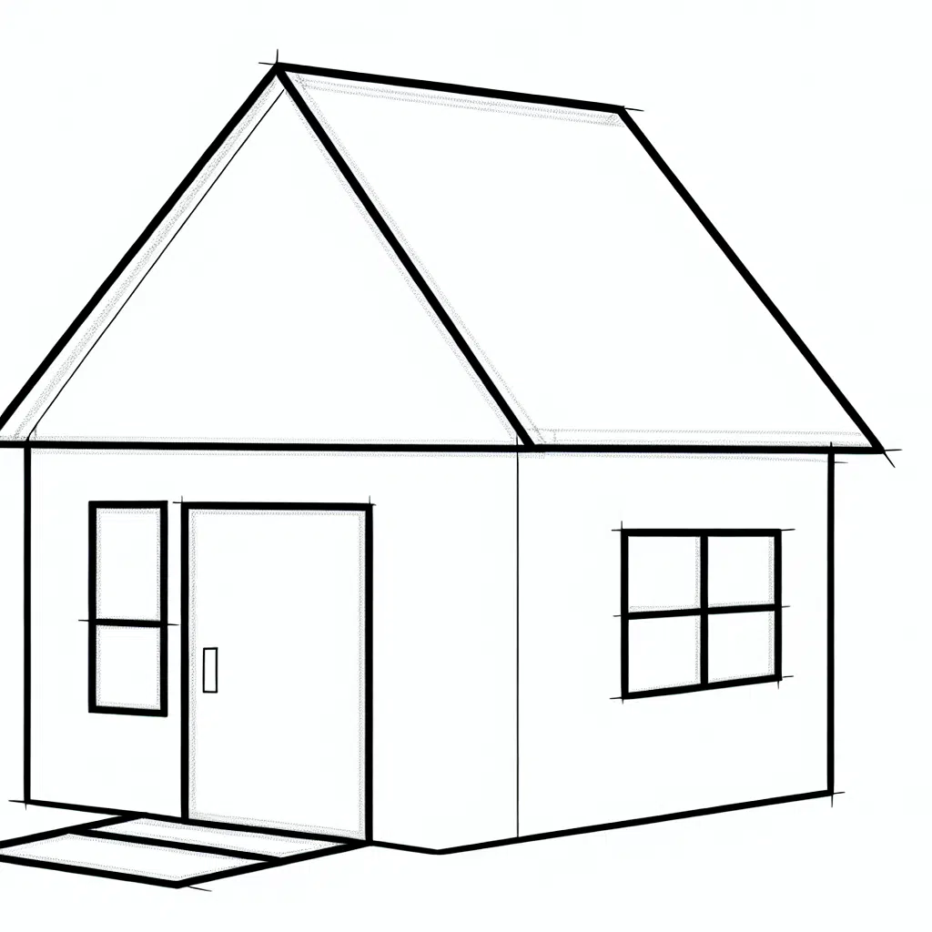 Minimalistic line drawing of a simple house with a roof, windows, and a door.