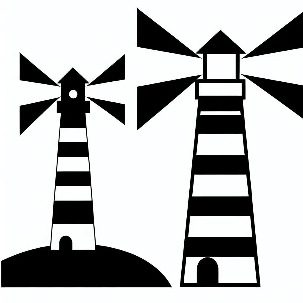 Line drawing of a small lighthouse with a beam of light.