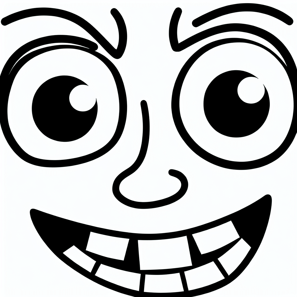 Cartoon-style drawing of a smiling face with large eyes and a wide grin.