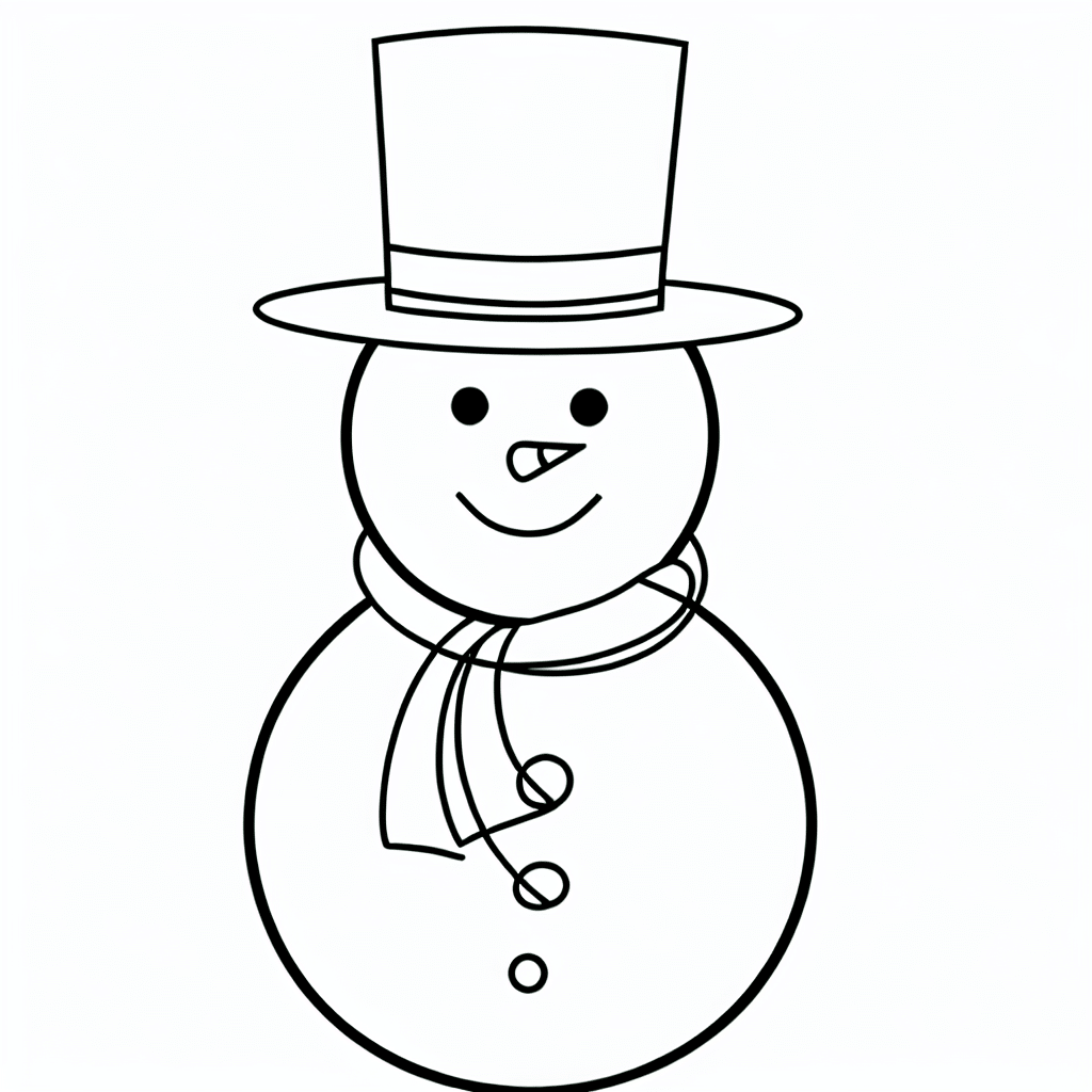 Simple line art of a snowman with a top hat and scarf.