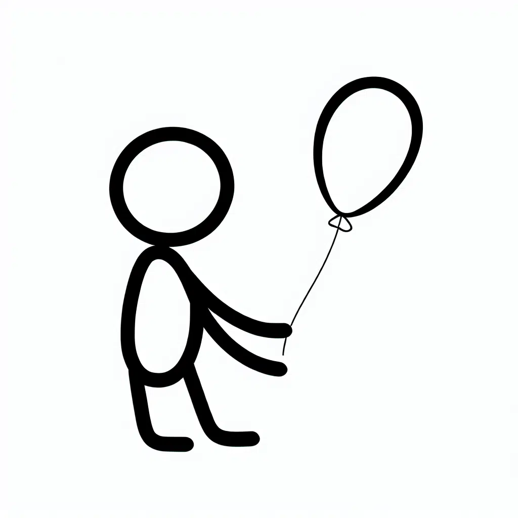 Minimalistic drawing of a stick figure holding a balloon.