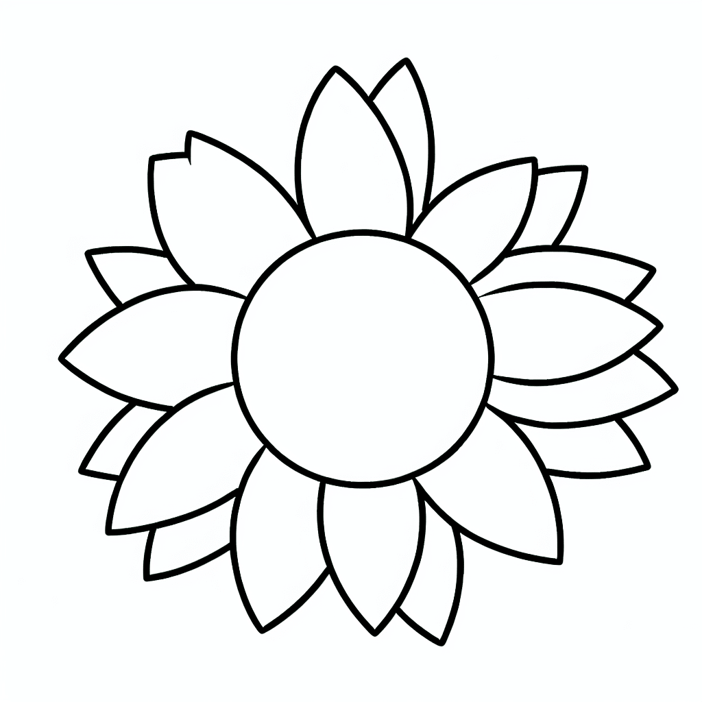 Line drawing of a sunflower with a circular center and simple leaves.