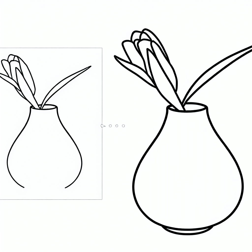 Drawing of a tulip with a long stem in a simple vase.