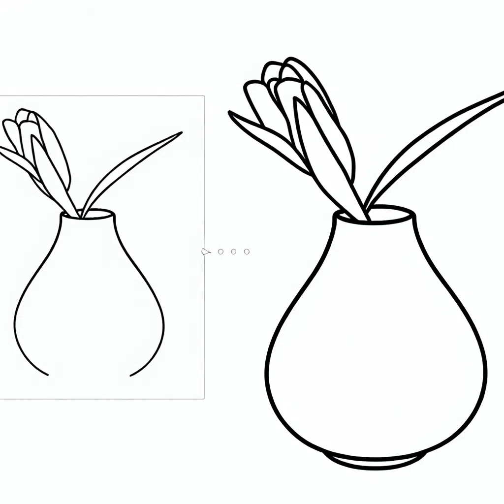 Drawing of a tulip with a long stem in a simple vase.