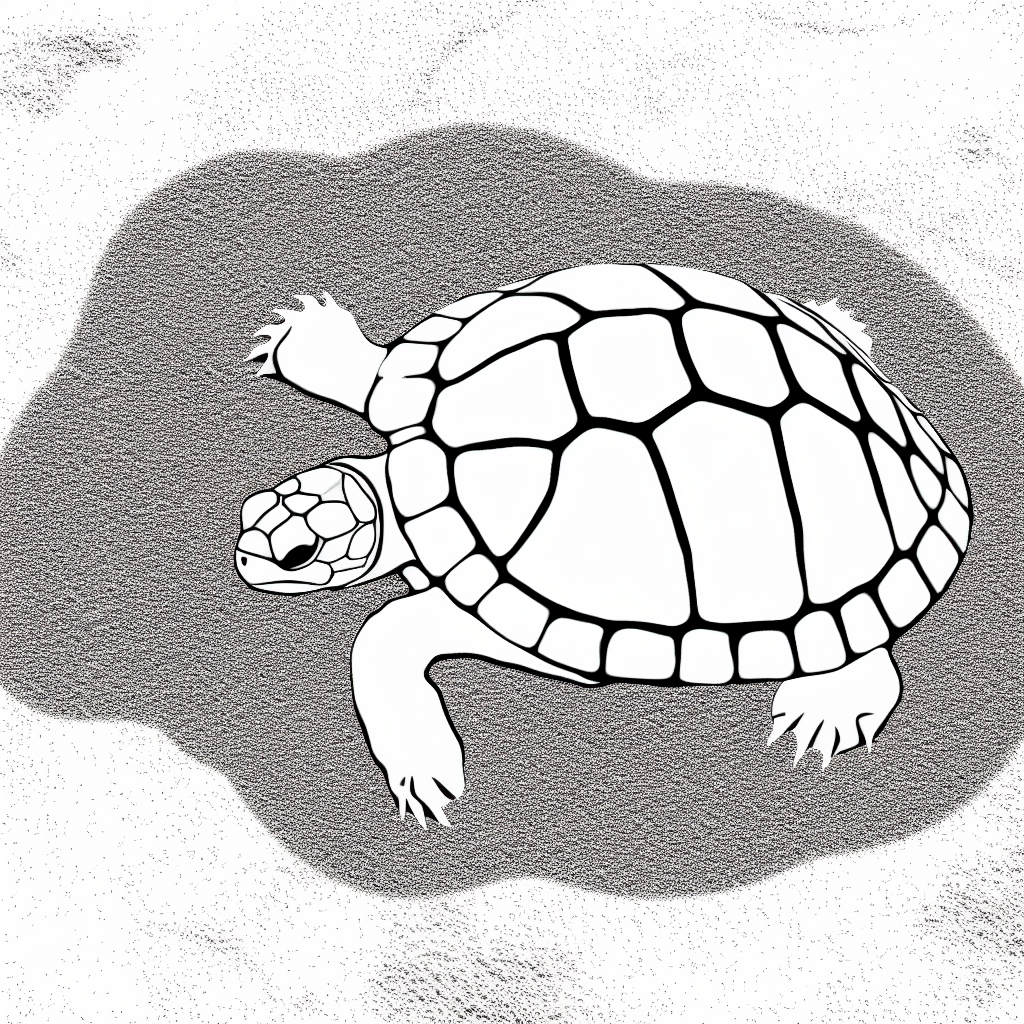 Line art of a turtle slowly walking on a sandy surface.