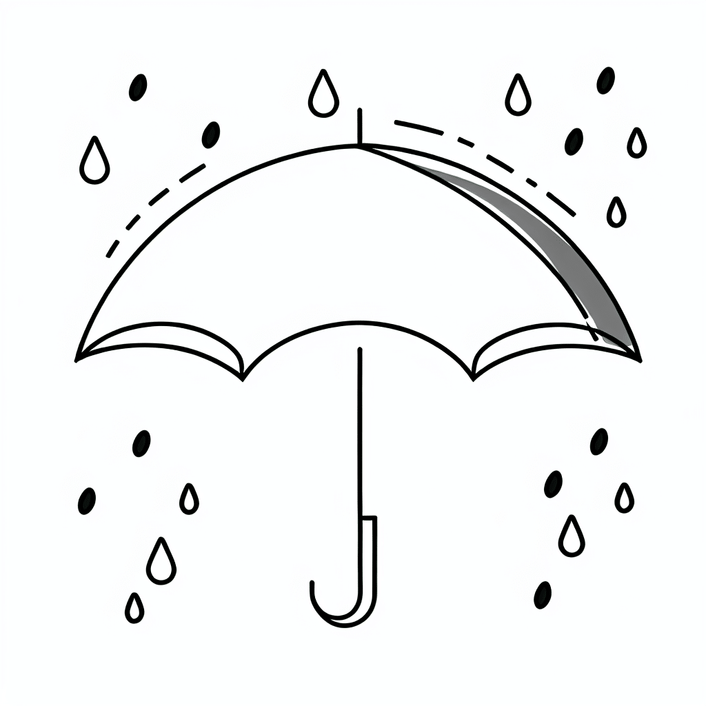 Line art of an umbrella with falling raindrops around it.