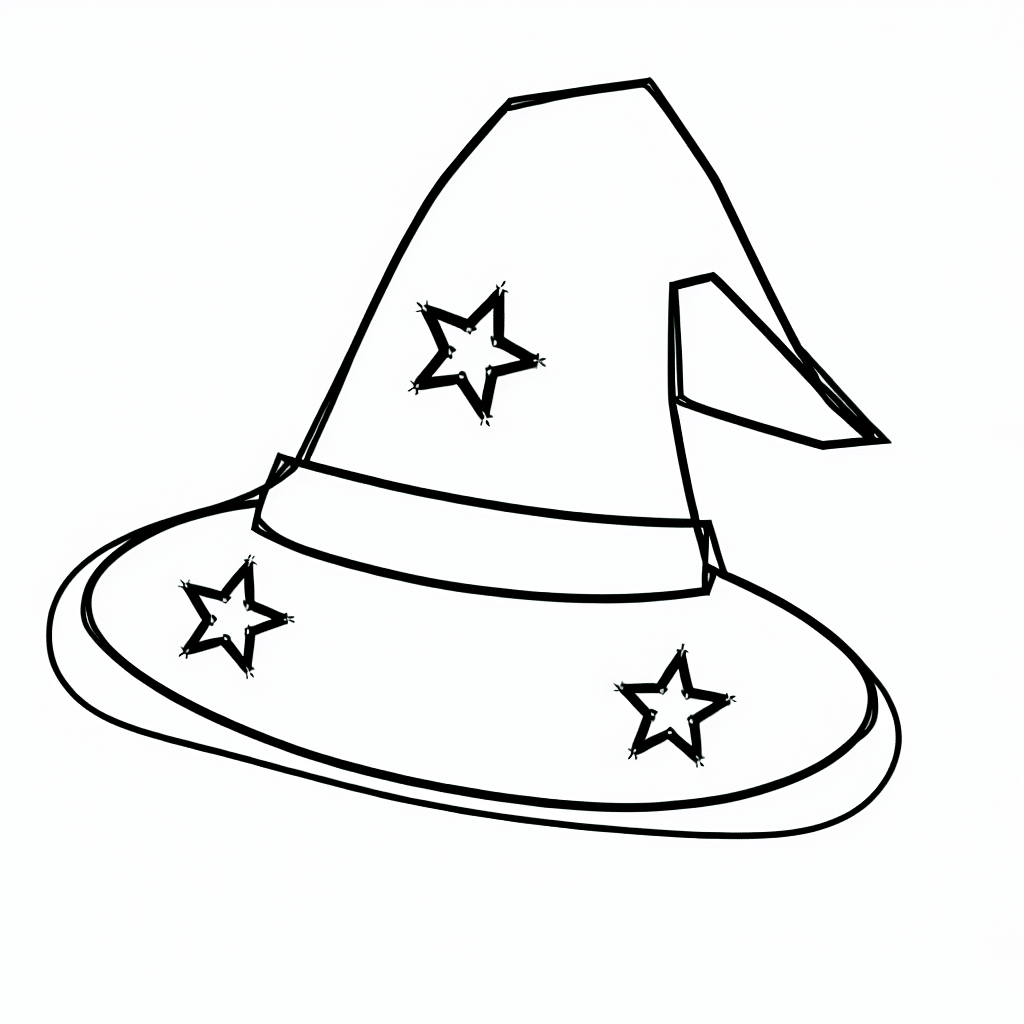 Line drawing of a witch’s hat with decorative stars.