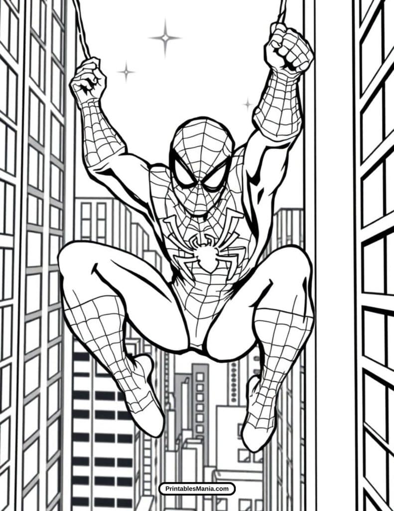 spiderman swinging between skyscrapers coloring page