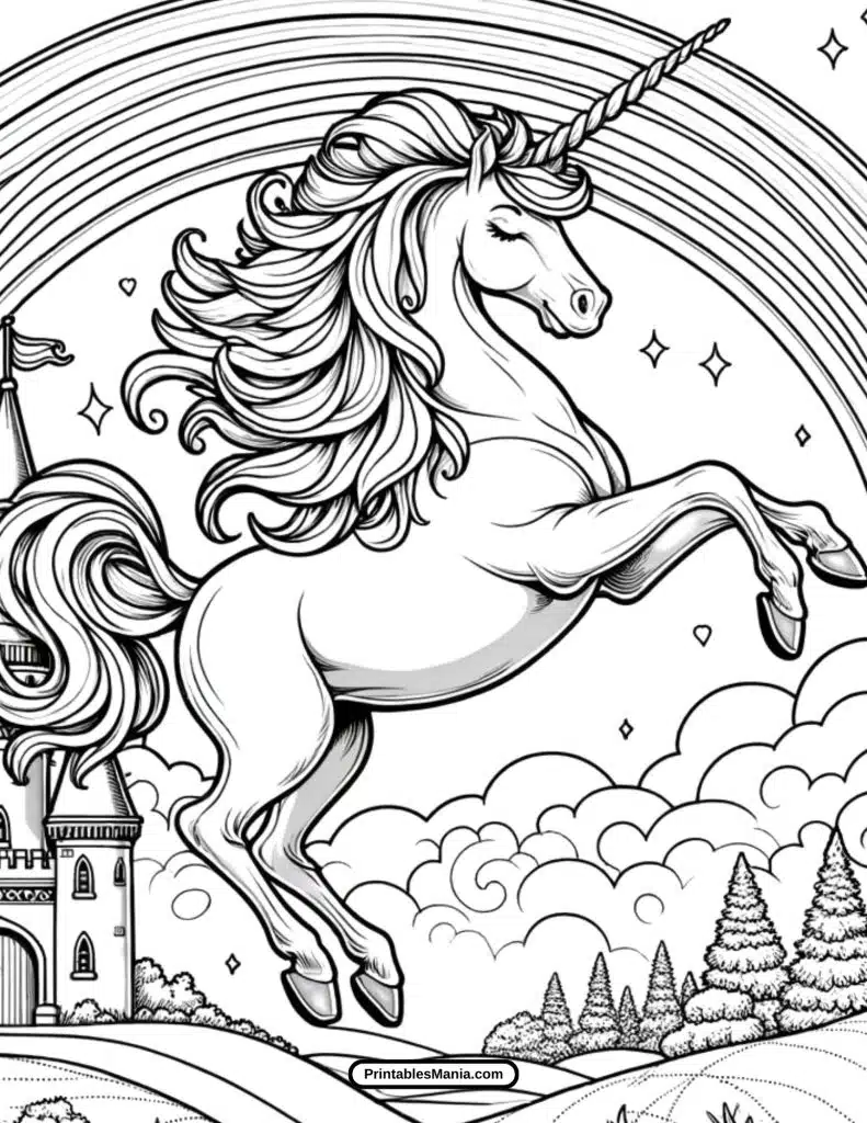 magical unicorn with rainbow mane coloring page